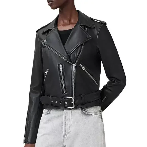 ALLSAINTS Balfern Leather Biker Jacket Size 8 NWT $619 Sheep Moto Belted - Picture 2 of 9